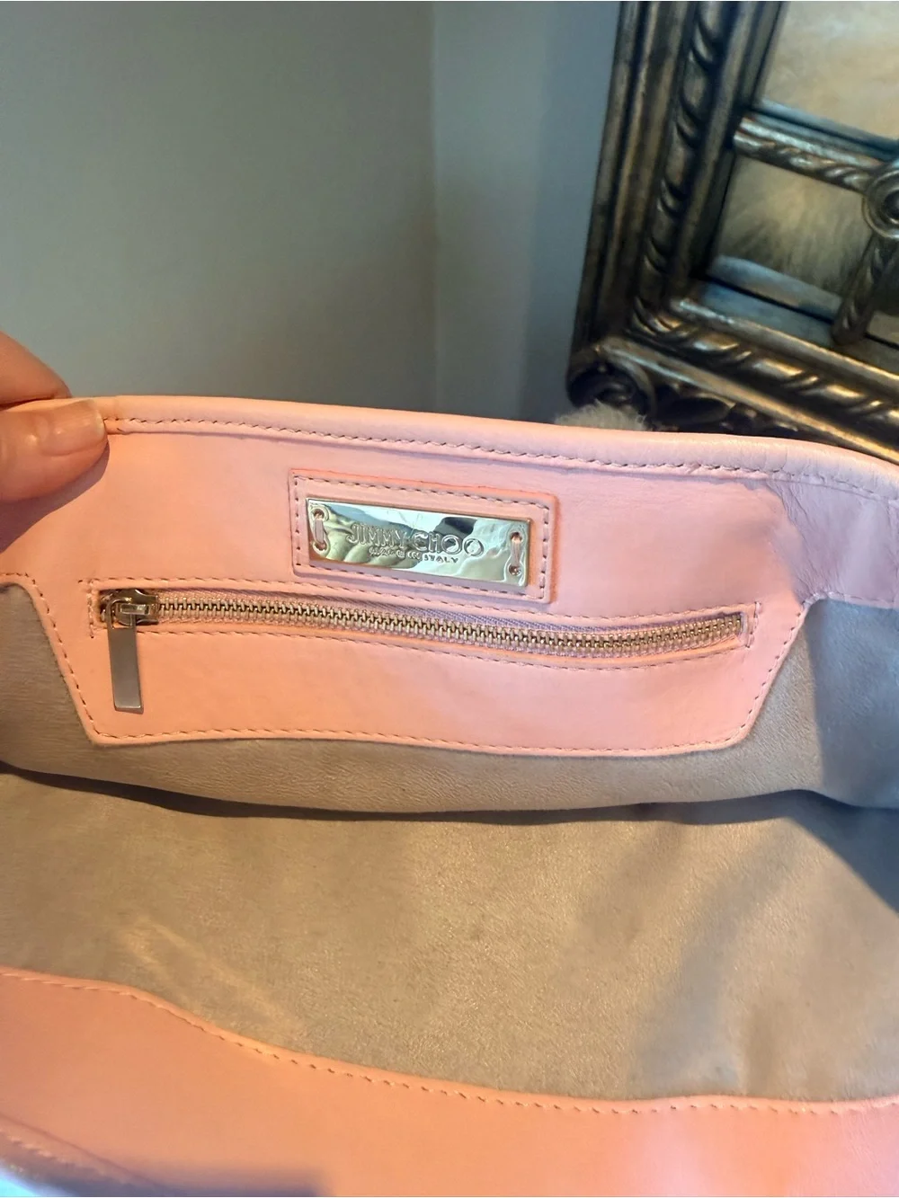 Jimmy Choo Sasha S Tote Bag in a gorgeous, soft pastel pink leather.